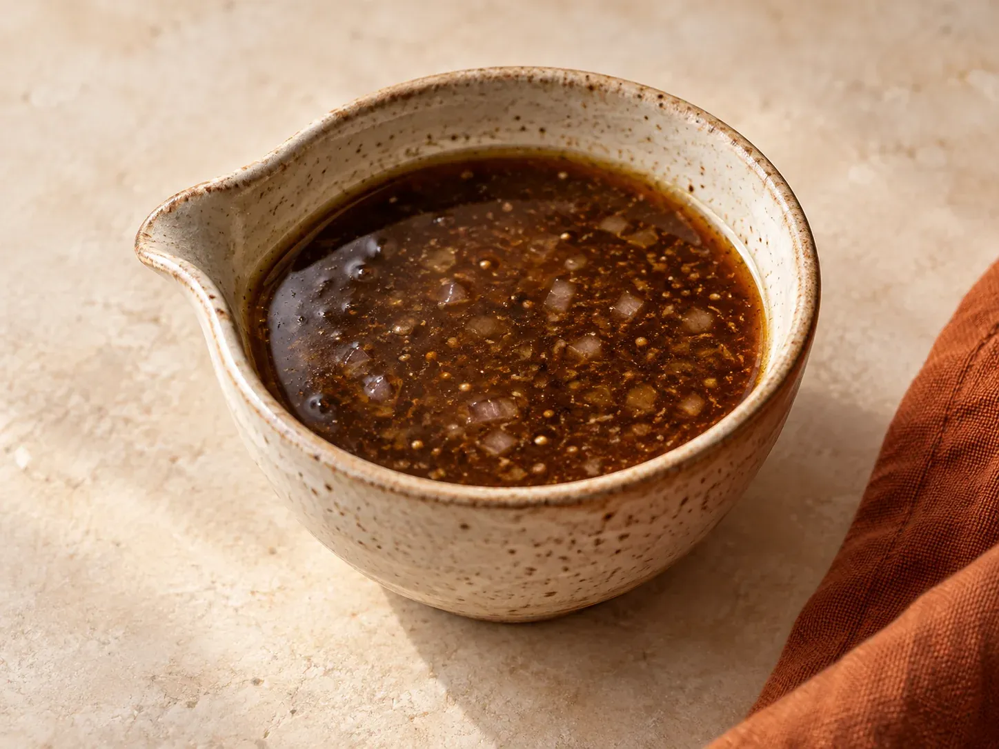 Dunkles Balsamico-Honig-Dressing in einer kleinen Keramikschale