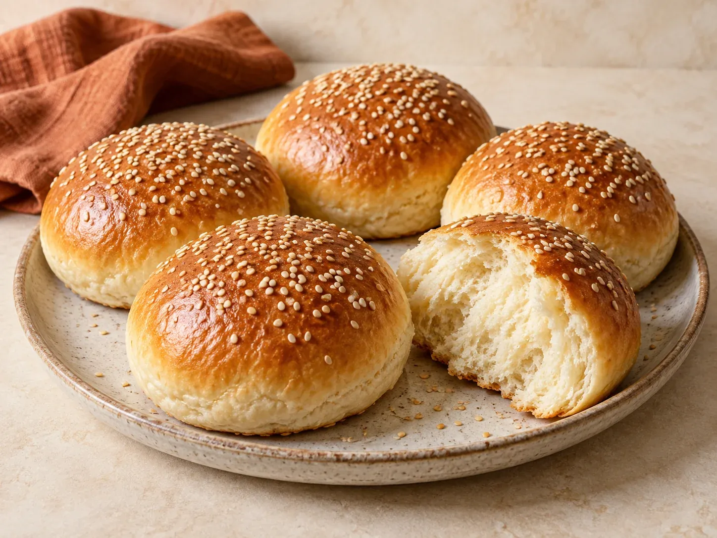 Goldbraune Burgerbrötchen mit Sesam und lockerer Krume