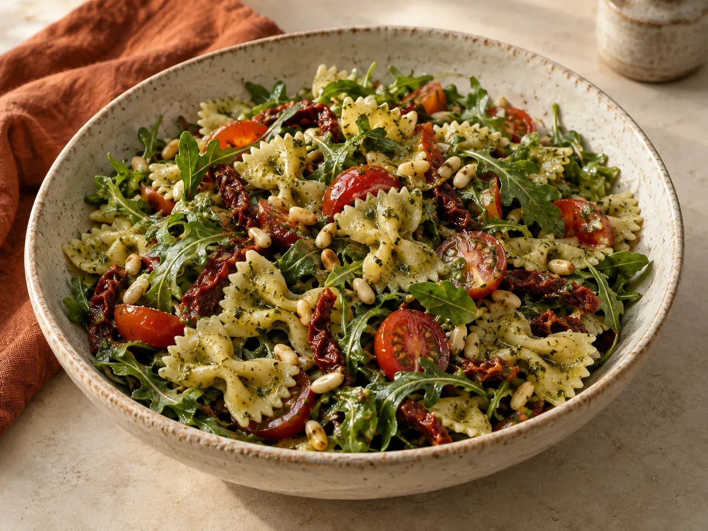 Farfalle-Salat mit Rucola, Tomaten, Pesto und Pinienkernen