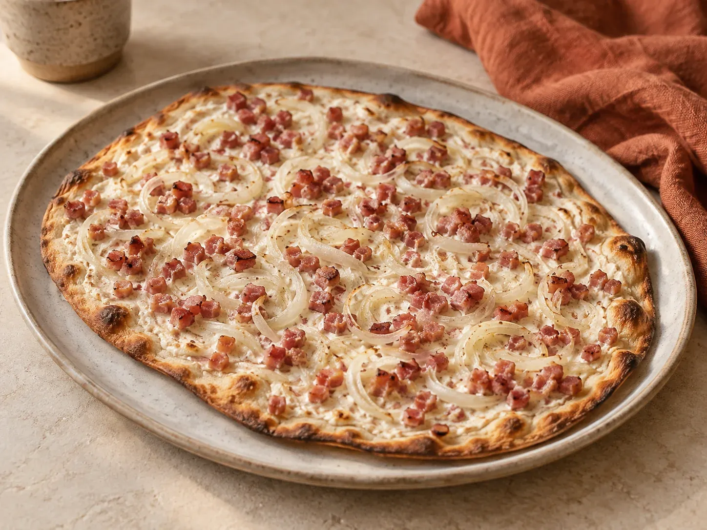 Dünner Flammkuchen mit Schmand, Zwiebeln und Schinkenwürfeln