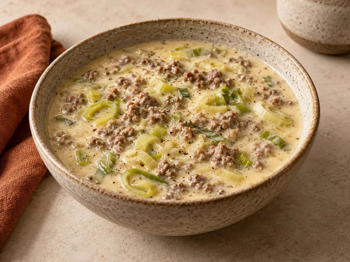 Cremige Käse-Lauch-Suppe mit Hackfleisch