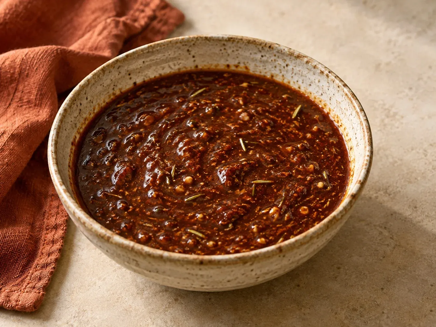 Rötlich-braune Grillmarinade mit Knoblauch und Rosmarin