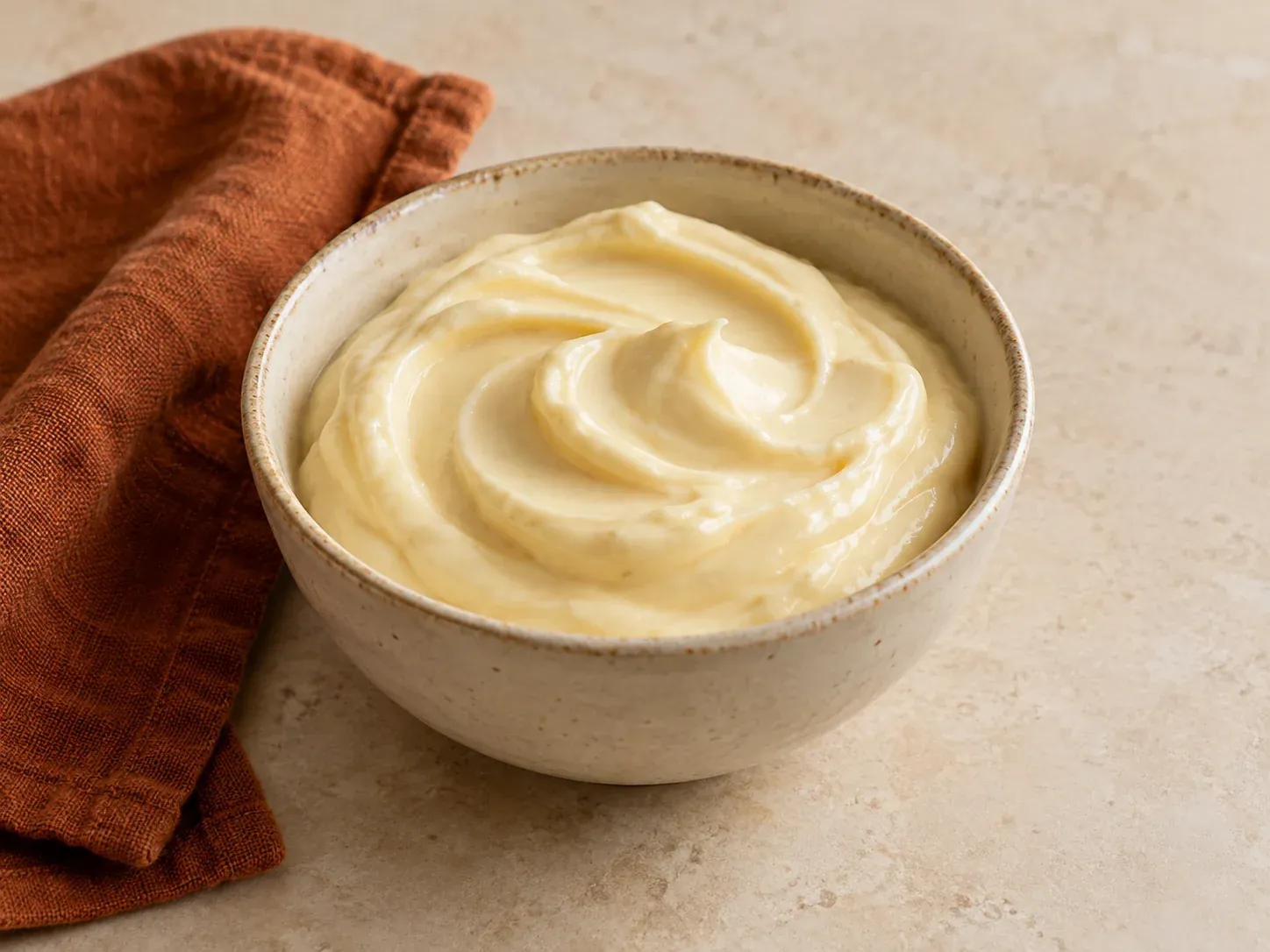Helle hausgemachte Mayonnaise mit weichen Löffelspuren