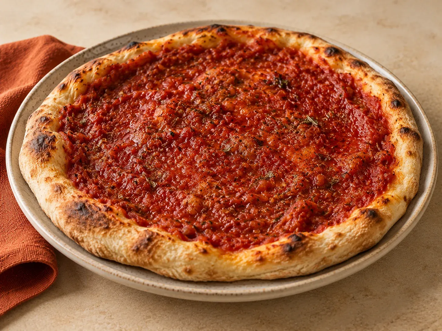 Rustikaler Pizzaboden mit Tomaten-Kräuter-Sauce