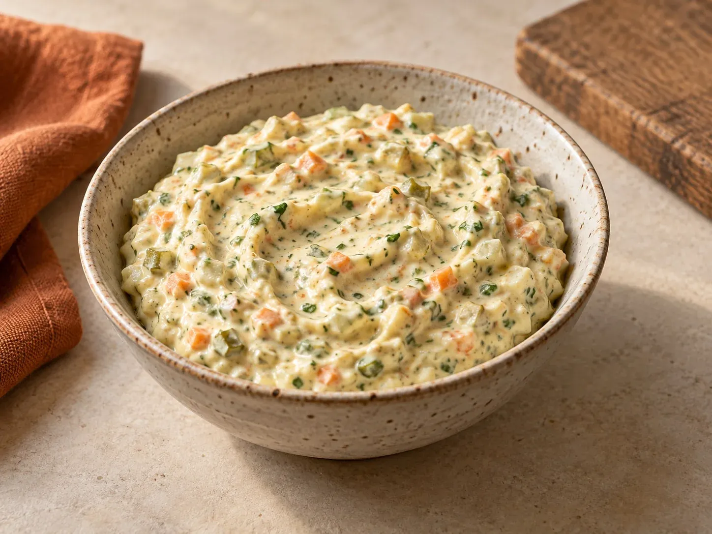 Remoulade mit fein gehackten Gurken, Karotte, Apfel und Kräutern