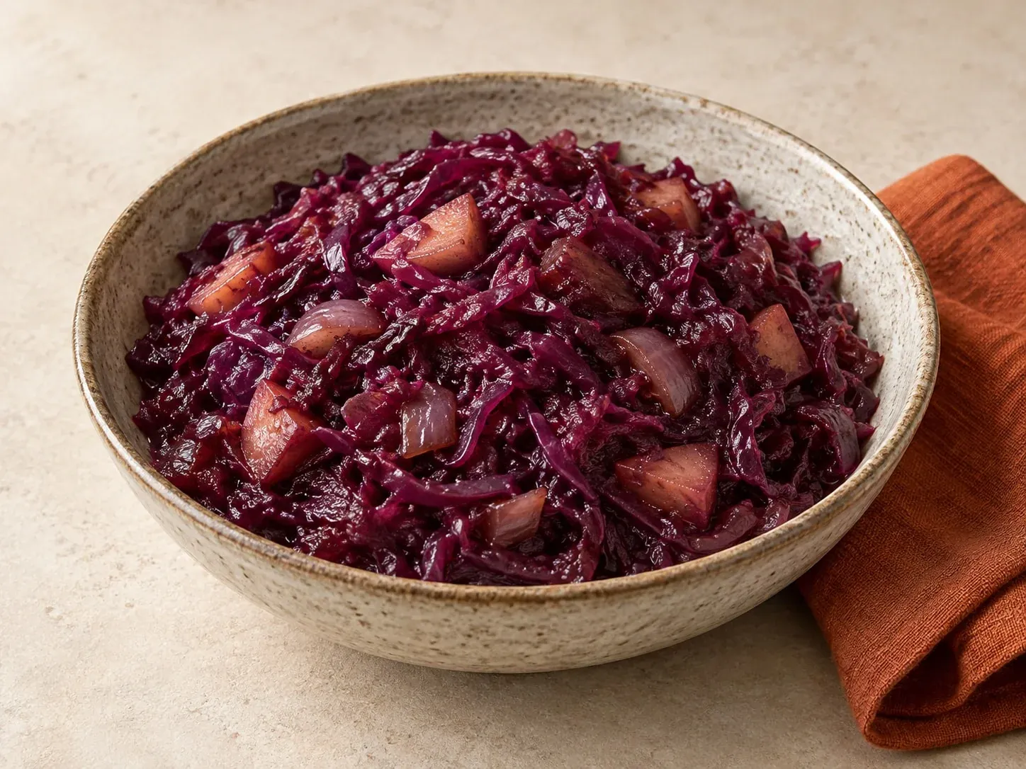 Weich geschmorter Rotkohl mit kleinen Apfelstückchen