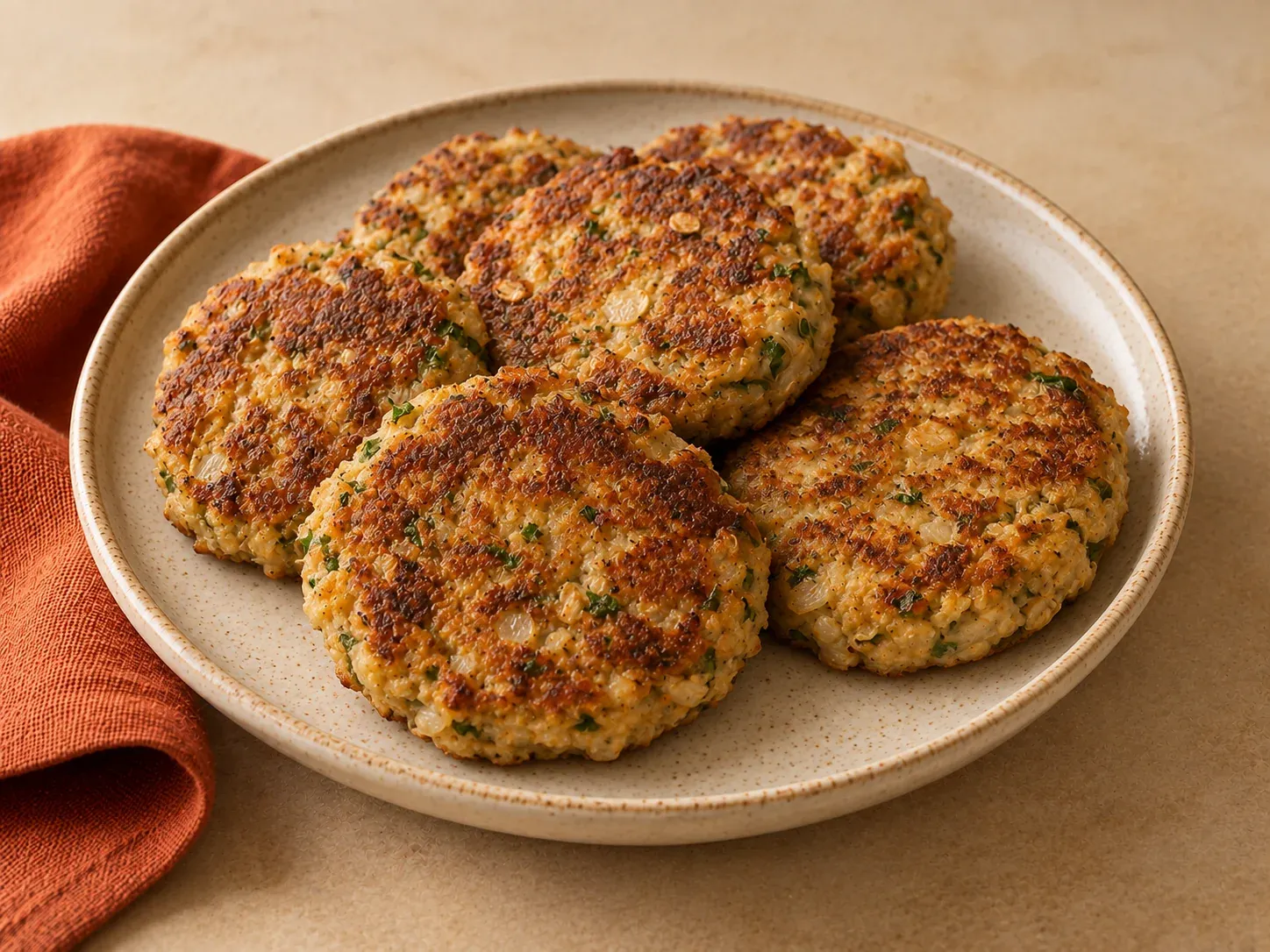 Goldbraun gebratene vegetarische Bouletten aus Haferflocken, Quark und Käse
